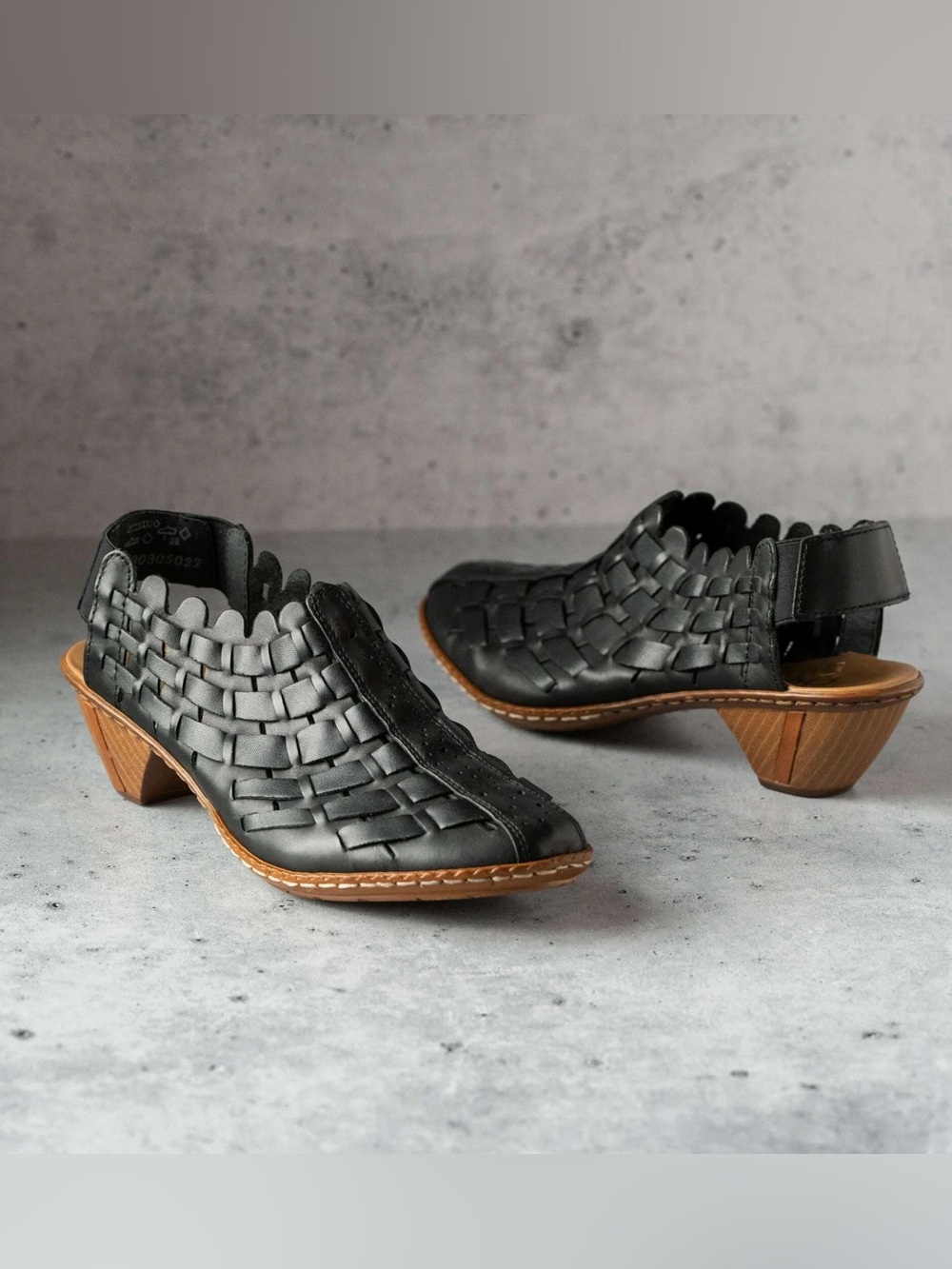 Rieker Black Leather Slingback Shoes Woven Block Heel Comfort Fall Sz 9-9.5